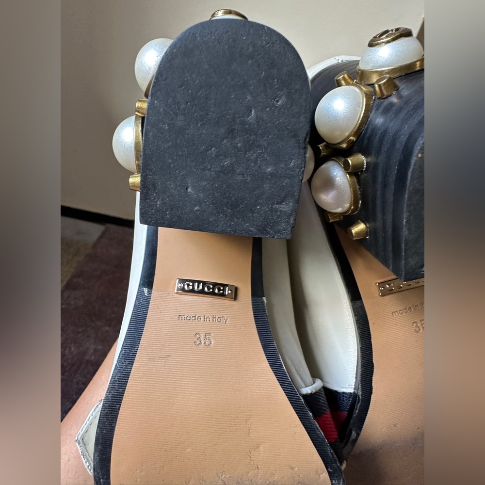 GUCCI Beige Leather Peyton GG Marmont Web Crystal Embellished Block Heel… - Picture 7 of 12